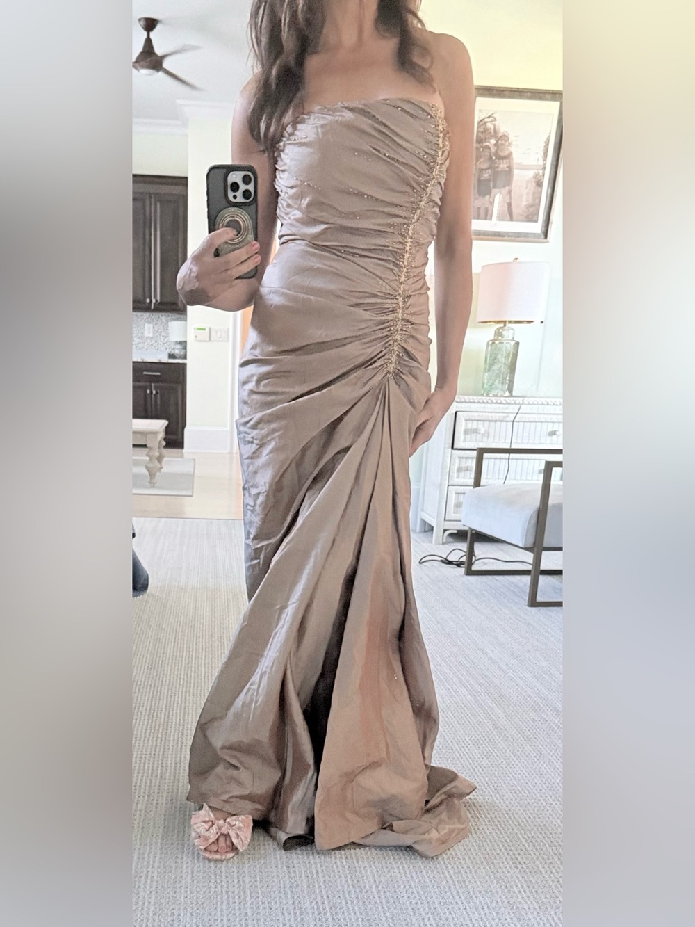 Prom Tadashi Shoji Strapless Ruched Metallic Taupe Evening Gown